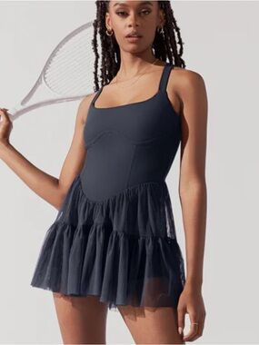 BLOGILATES Black Ruffled Tennis Dress with Spaghetti Straps and shorts! L